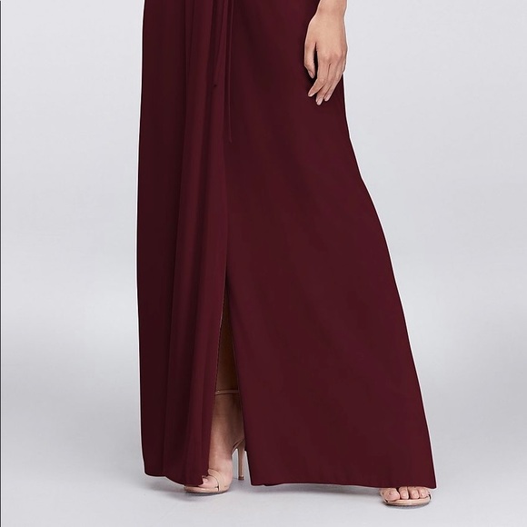 David’s Bridal Wine Double Strap Long Georgette Wrap Bridesmaids Dress - Picture 5 of 12